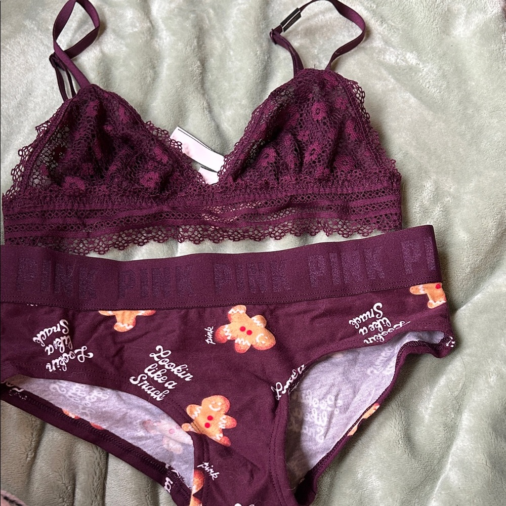 PINK Victoria's Secret Burgundy Lace Bralette and Gingerbread Panty Set